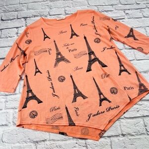 Rue Juju Paris Print Top Large Peach Black Eiffel Tower Paris Knit Short Sleeve